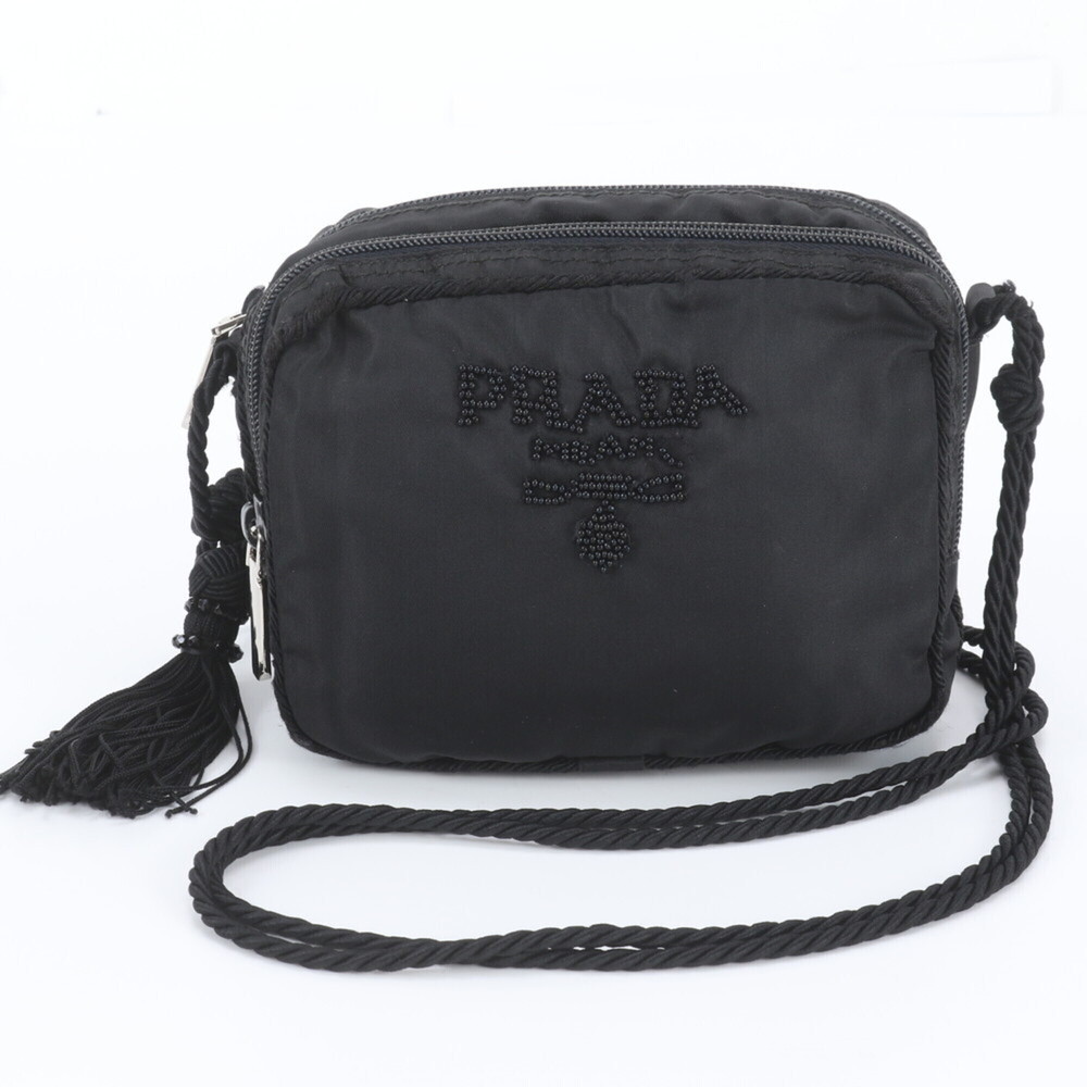 Prada Tessuto Nylon Logo Bead Embroidered Shoulder Bag, Black, Women's